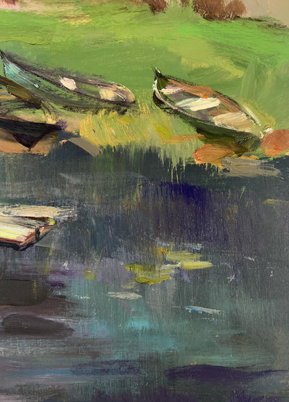 Oil painting of village boat ferry by Yuriy Suprunchuk, rowboats on green shore