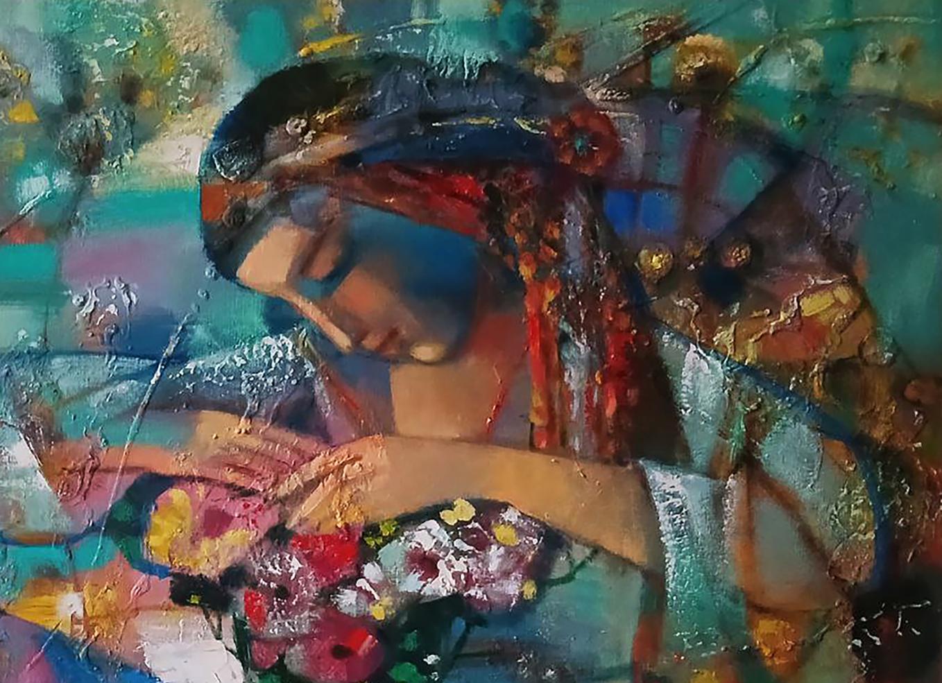 Abstract oil painting of girl with bouquet by Anatoly Tarabanov