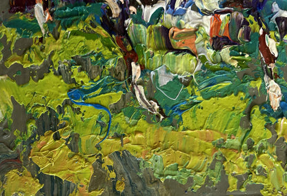 Vibrant oil painting The gardens are blooming by Oleksiy Ivanyuk with textured green yellow blue gray layers