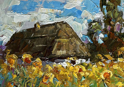 Oil painting of house, sunflowers, textured thatched roof under blue sky by Oleksiy Ivanyuk