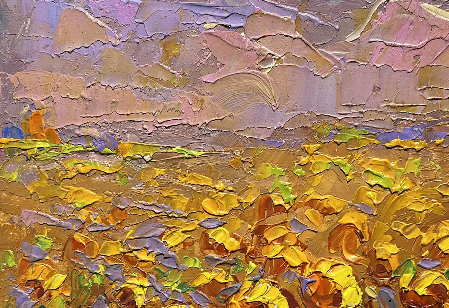 Oil painting of sunflower field by Oleksiy Ivanyuk in warm golds