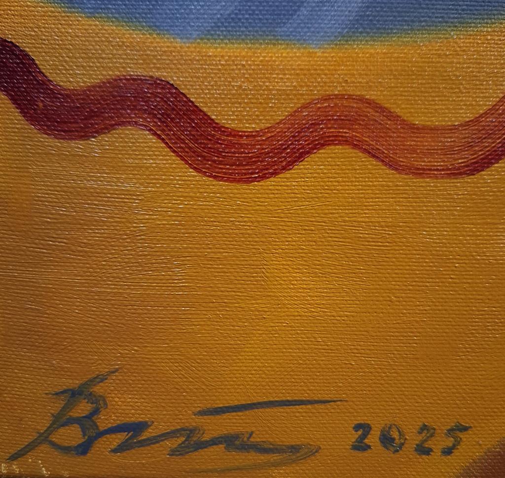 Oil painting of ship caught in storm by Sergiy Voichenko, vibrant red-orange brushstrokes on golden canvas