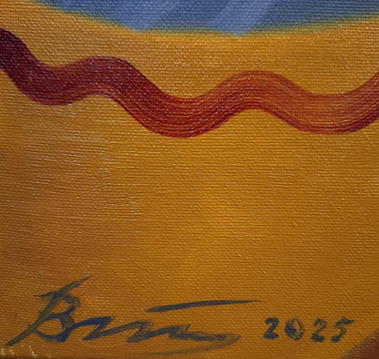 Oil painting of ship caught in storm by Sergiy Voichenko, vibrant red-orange brushstrokes on golden canvas