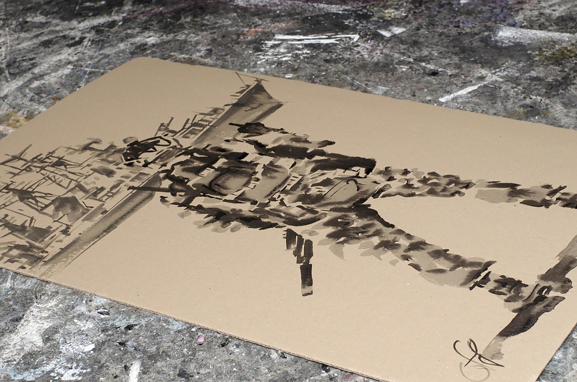 Sepia-toned ink drawing Off Dima Filatov on beige cardboard