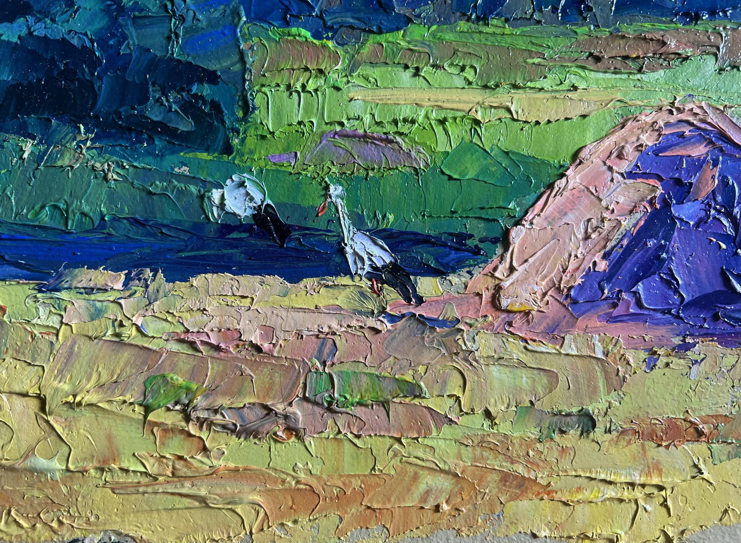 Oil painting The storks have arrived by Boris Serdyuk with white storks
