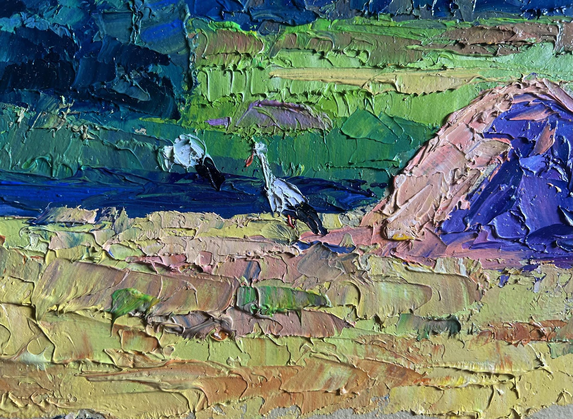 Oil painting The storks have arrived by Boris Serdyuk with white storks