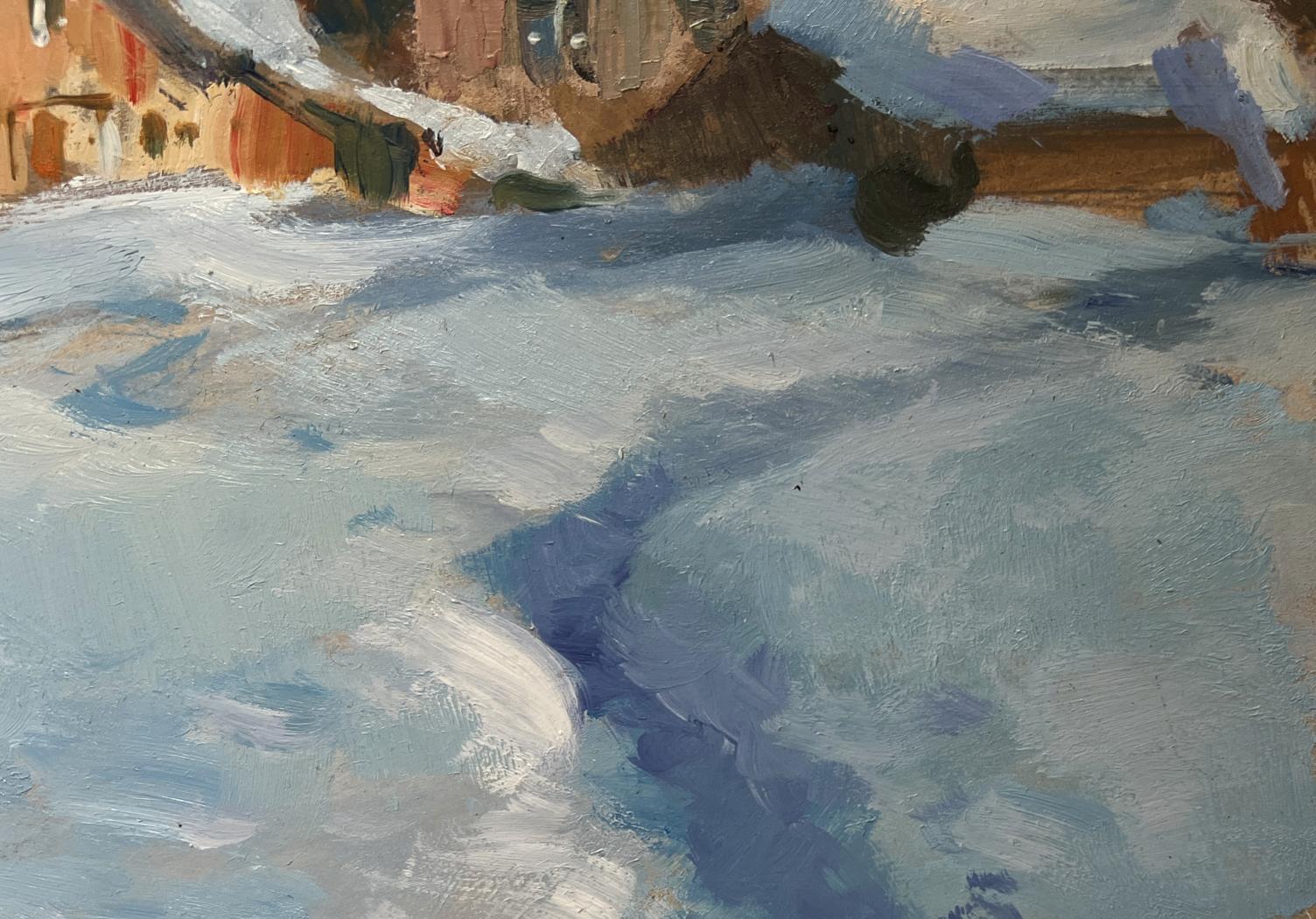 Impressionistic oil painting of snowy houses by Yuriy Suprunchuk