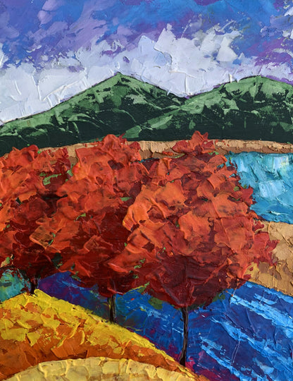 Vibrant impressionist oil painting by V. Zadorozhnya: three red autumn trees, green mountains