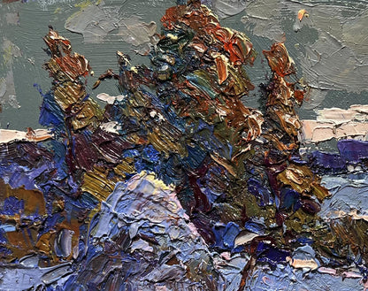 Impasto oil painting of autumnal trees, rocky terrain and moon in field by Oksana Ivanyuk