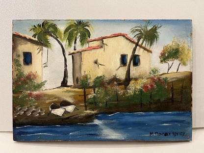 Oil painting of houses by the sea, coastal scene with stucco homes and palms