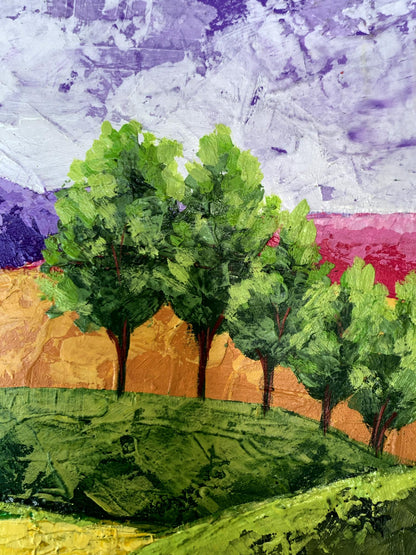 Vibrant impressionist oil painting of lush green trees in mountain fields by V. Zadorozhnya