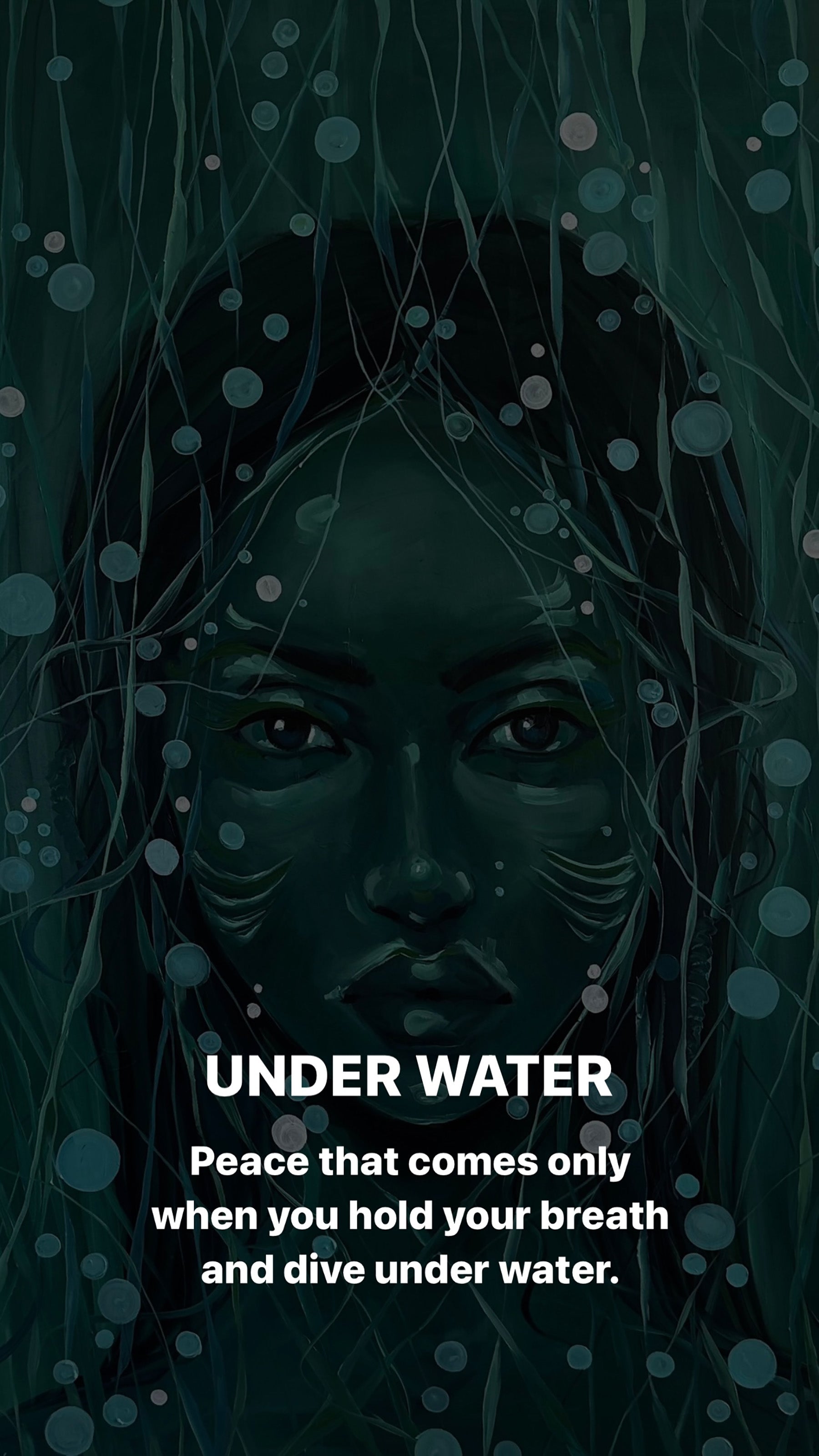 Dark teal oil painting Underwater Victoria Kagalovska with womans face in bubbles