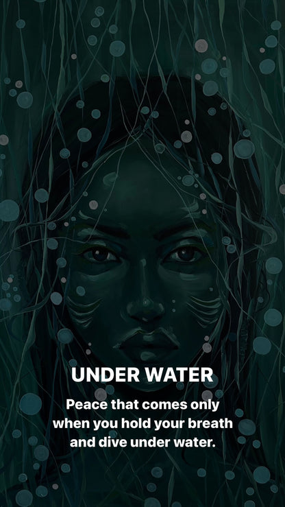 Dark teal oil painting Underwater Victoria Kagalovska with womans face in bubbles