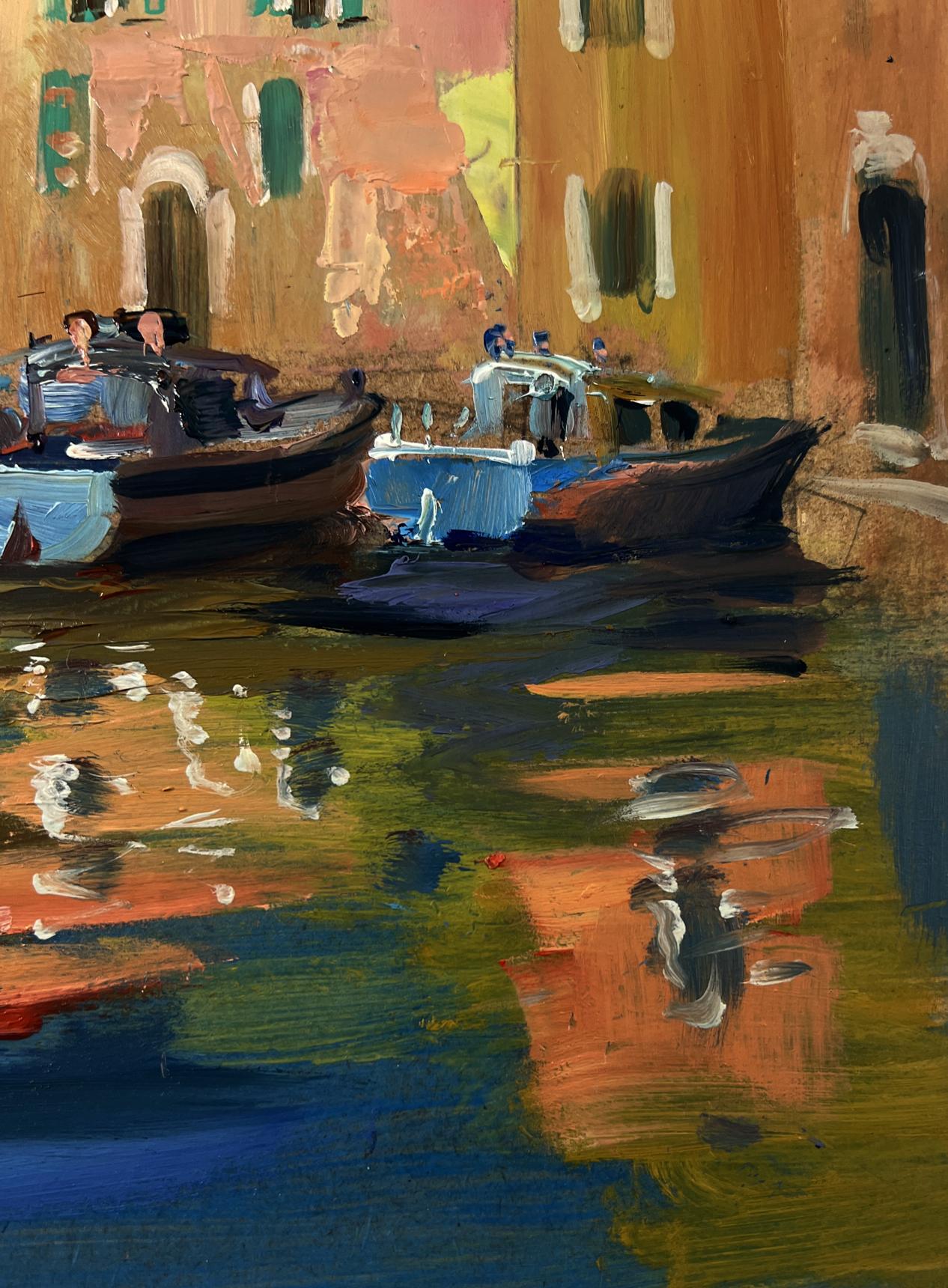 Vibrant impressionist oil painting of Venice old street canal boats by Yuriy Suprunchuk