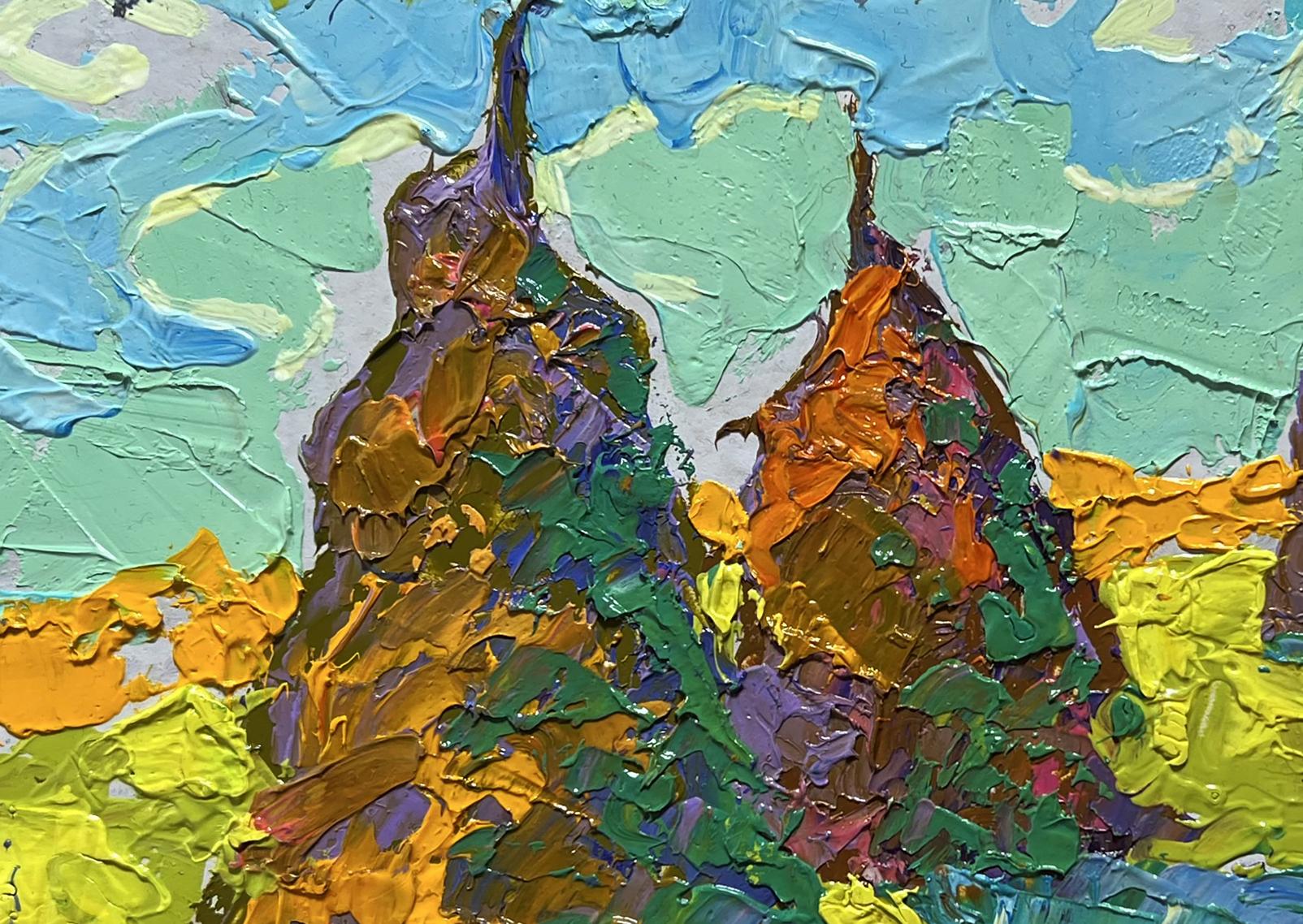 Vibrant impasto oil painting of fragrant hay field by Oleksiy Ivanyuk