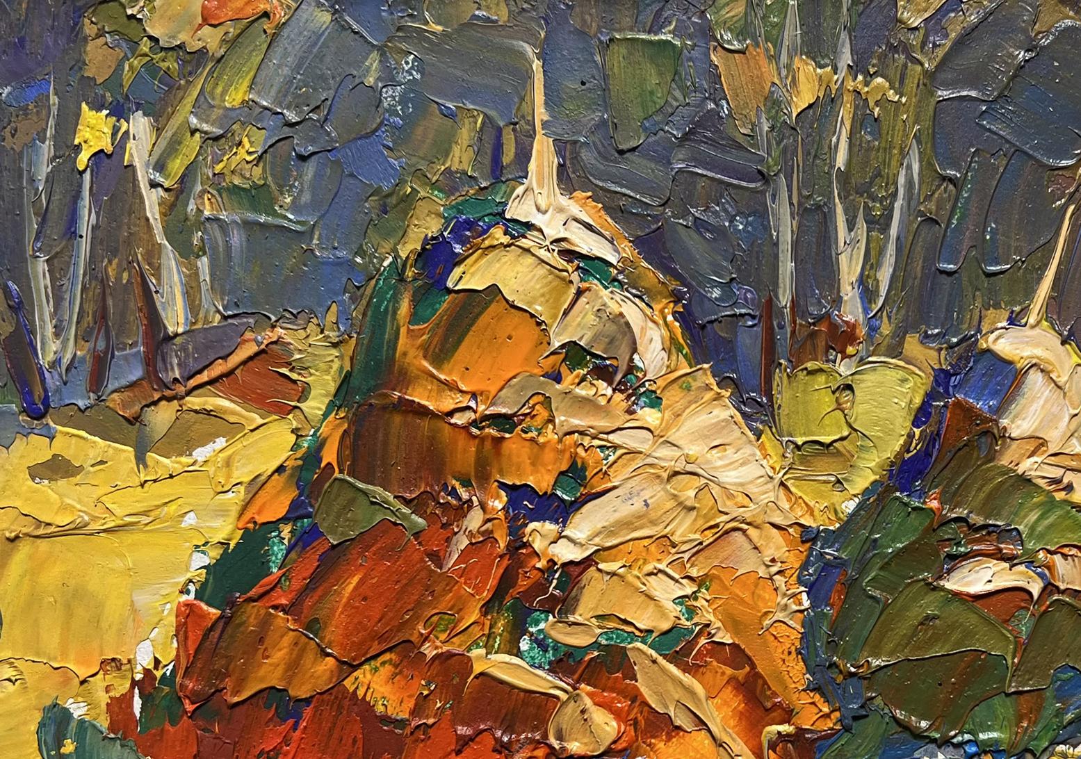 Oil painting In a sunny field by Oleksiy Ivanyuk with impasto ochre strokes
