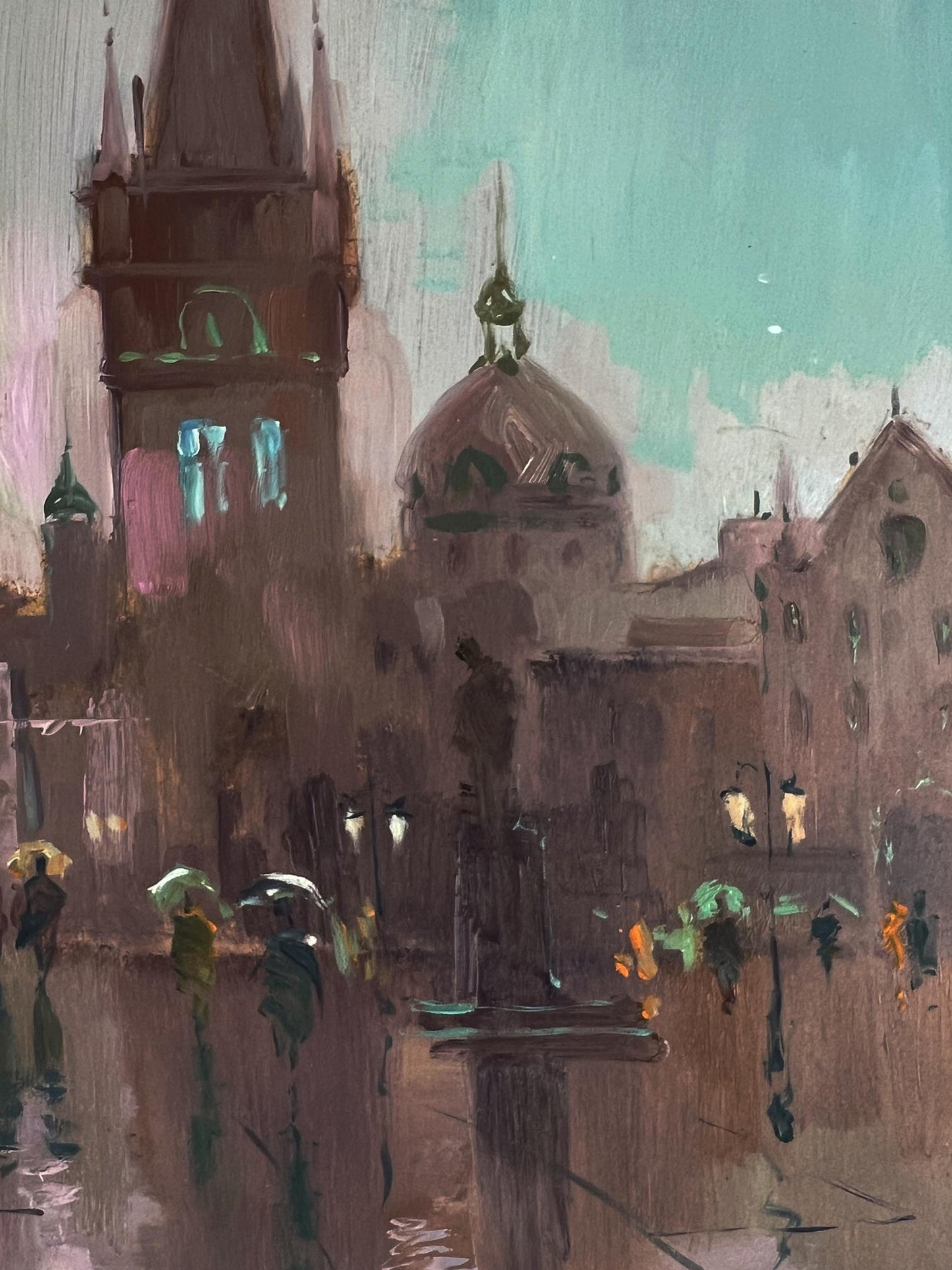 Moody impressionistic oil painting of Yuriy Suprunyuk’s rainy city central square