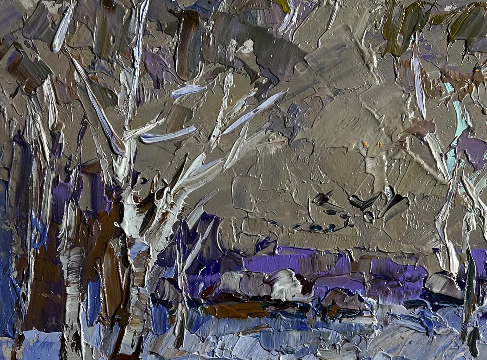 Abstract oil painting Snowy path to village by Oleksiy Ivanyuk