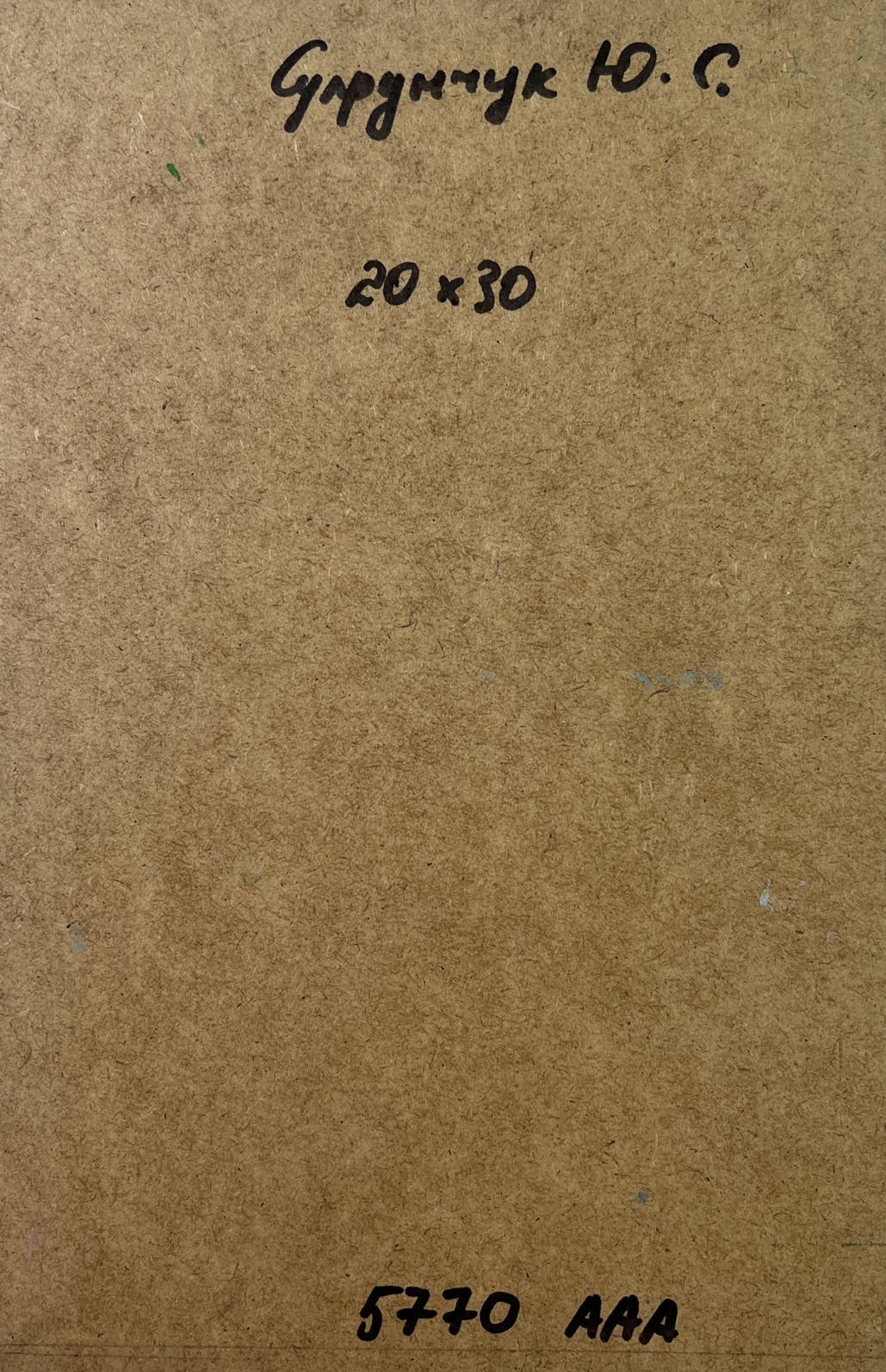 Back of Yuriy Suprunchuk oil painting The vastness of the seas with Cyrillic text and measurements on brown cardboard