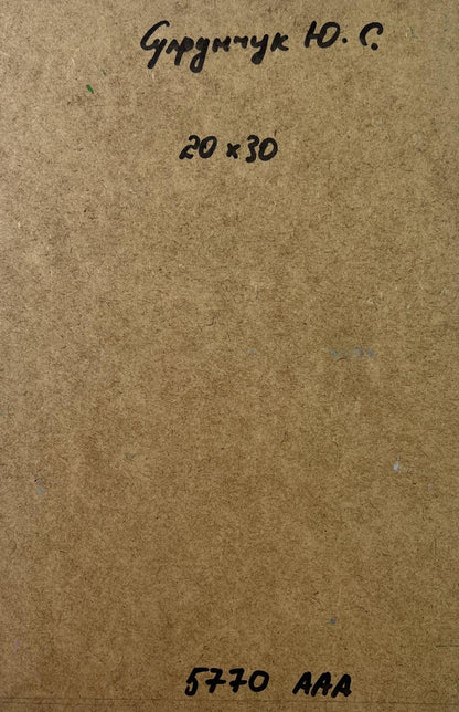 Back of Yuriy Suprunchuk oil painting The vastness of the seas with Cyrillic text and measurements on brown cardboard
