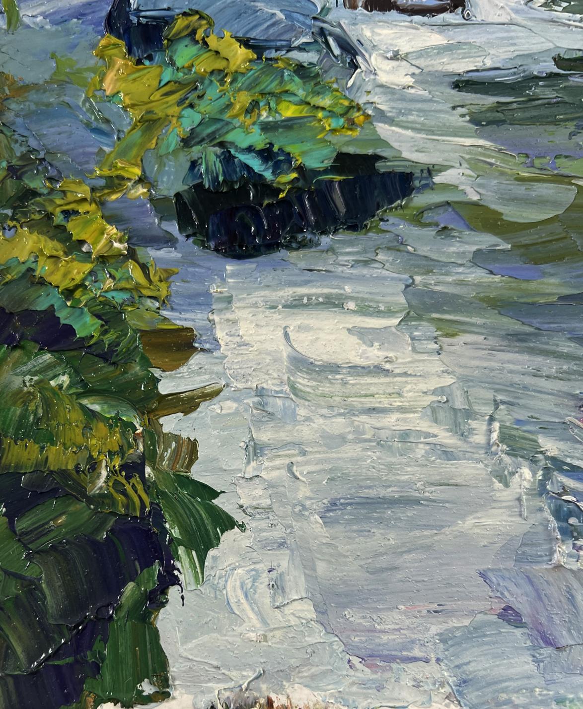 Impressionist oil painting of crystal water among rocky giants by Boris Serdyuk