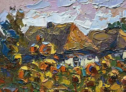 Impasto textured cozy village life oil painting by Oksana Ivanyuk