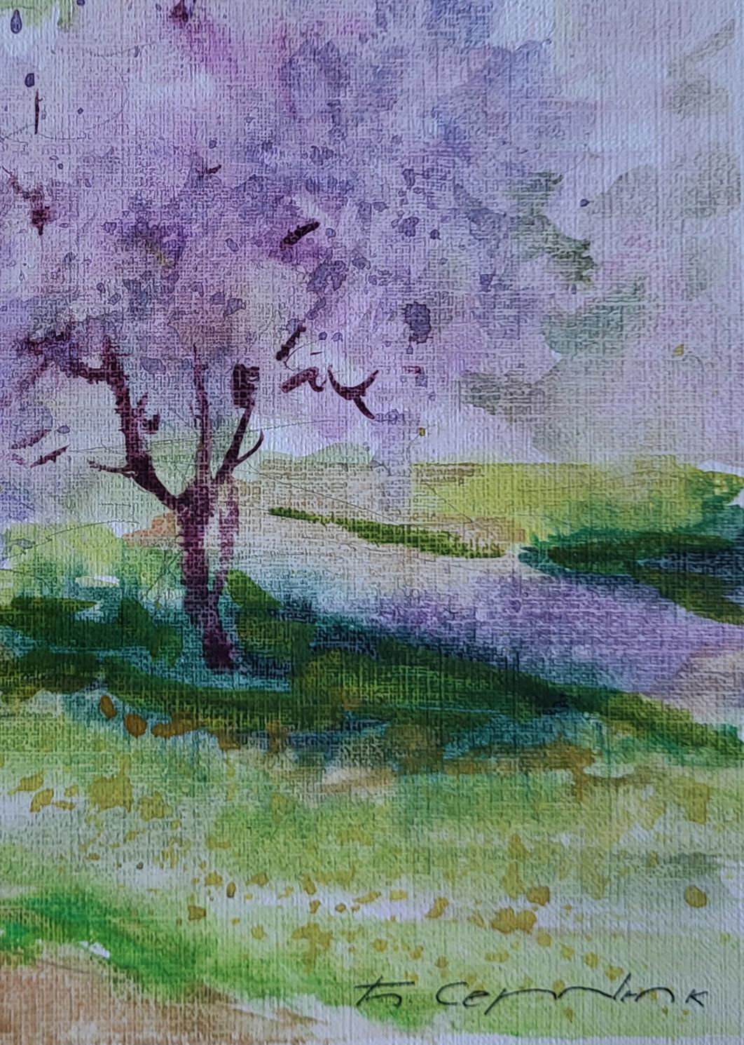 Watercolor painting Gentle April by Boris Serdyuk, purple tree blossoms