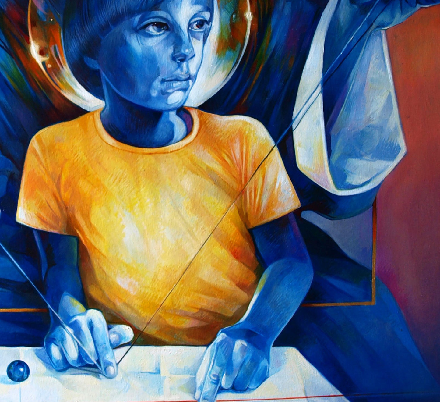 Vibrant oil painting Enjoying Father by Konsta G. Amelinn: boy drawing
