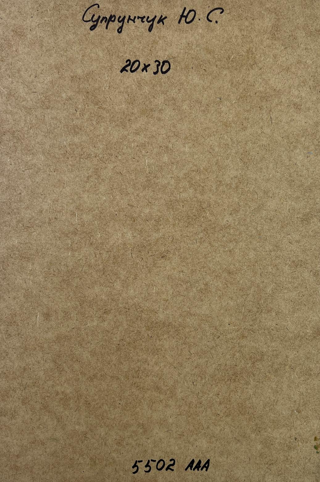Back of Yuriy Suprunchuk oil painting with brown paper, Cyrillic text, measurements