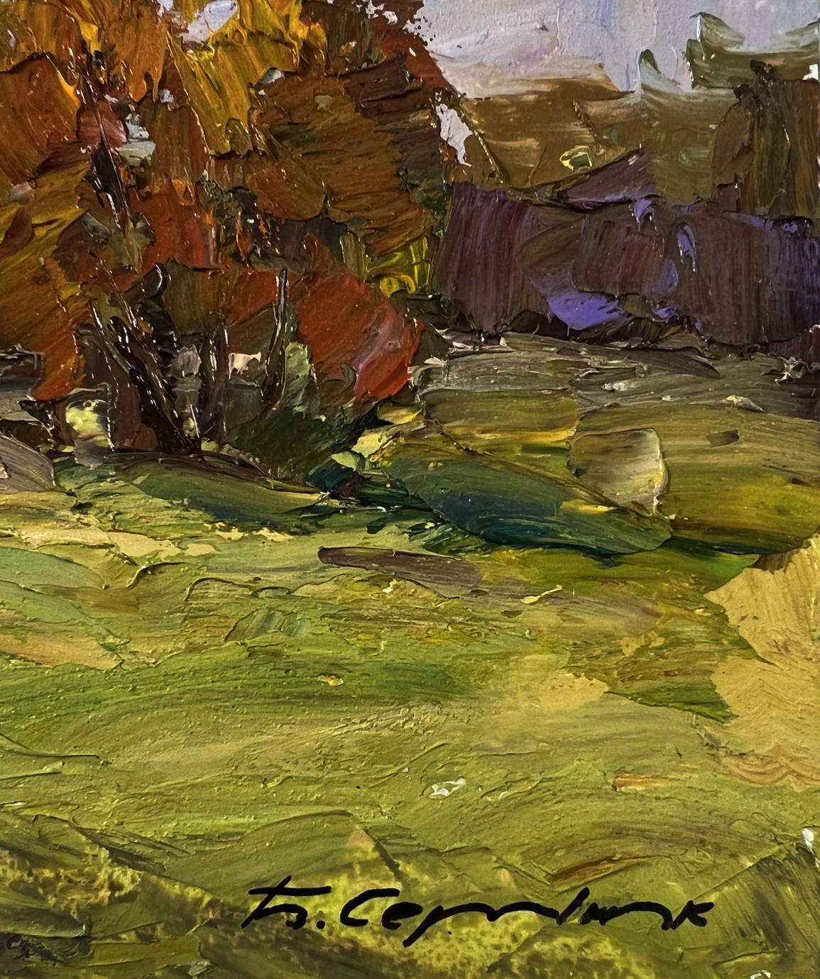 Impasto oil painting by Boris Serdyuk: vibrant autumn landscape in browns, oranges, purples, greens