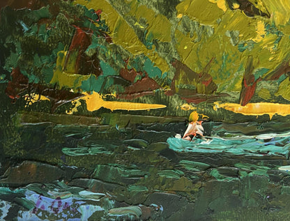 Vibrant impressionist oil painting by Oksana Ivanyuk: figure in white on teal boat amid green gold swirls