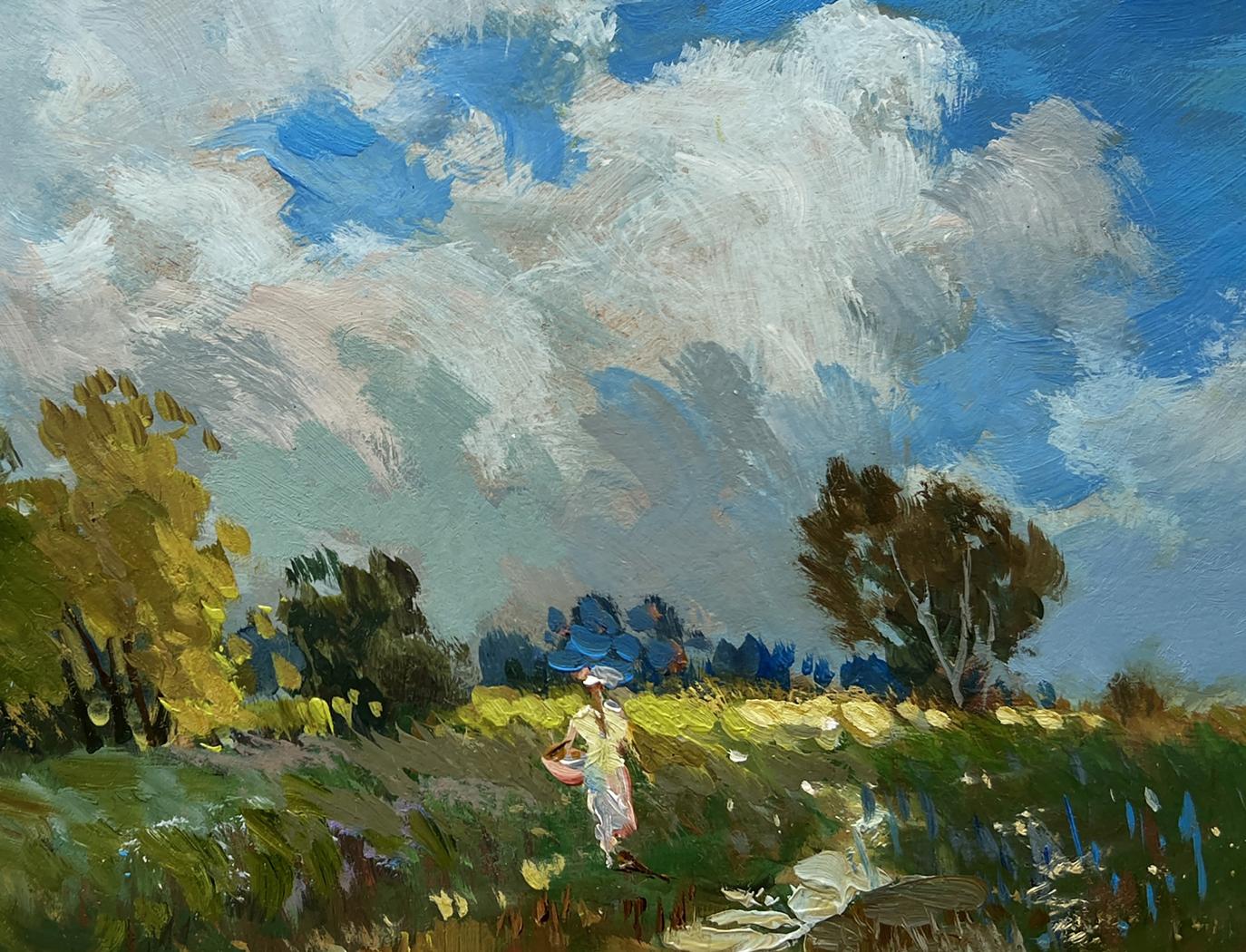 Oil painting by Yuriy Suprunchuk: girl in blue hat walking in sunlit field
