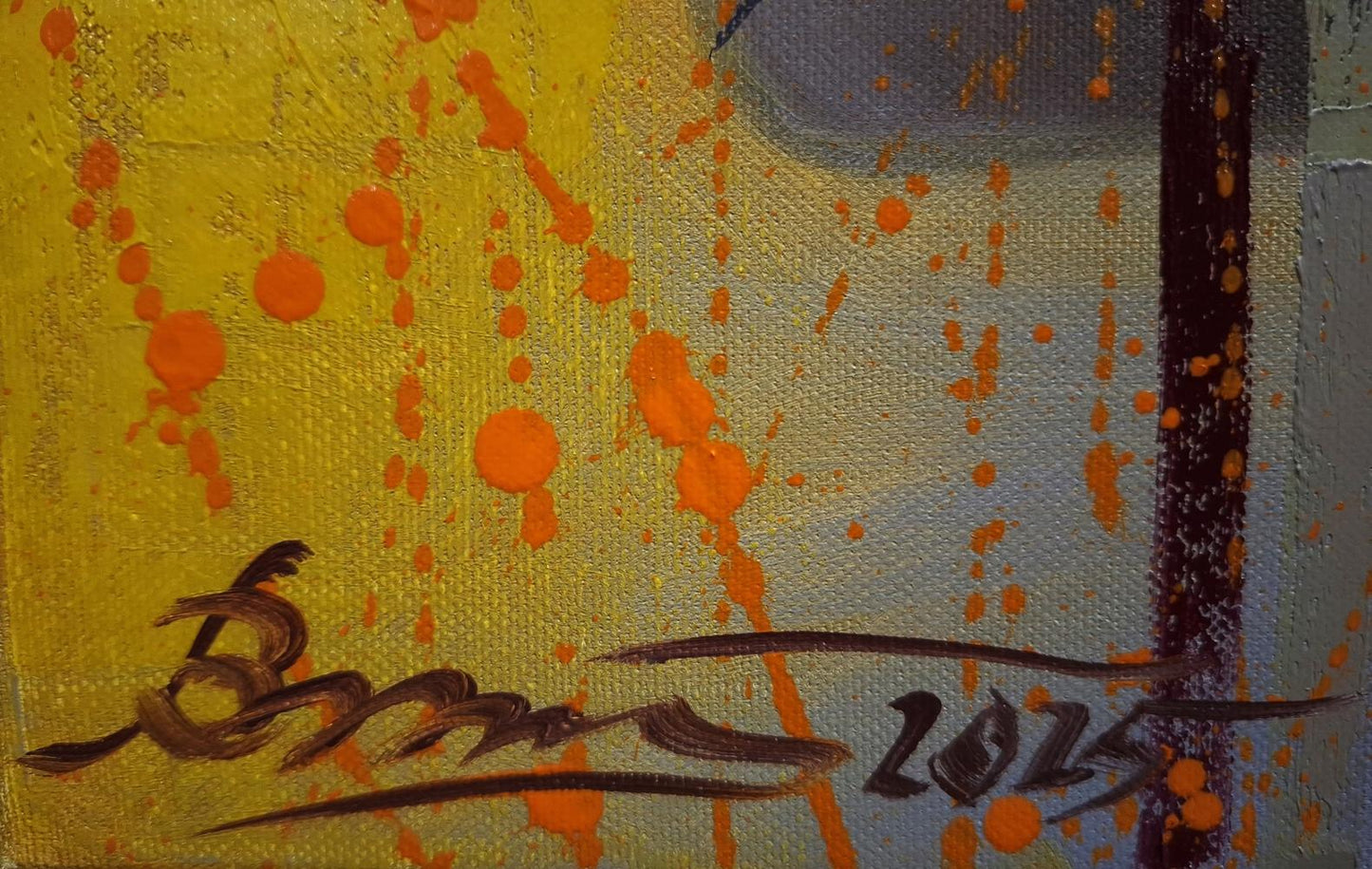 Oil painting by Sergiy Voichenko: orange splatters on yellow gray textured background, 2015 signature