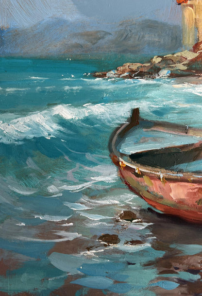 Oil painting of weathered pink rowboat at quiet pier near city by Yuriy Suprunchuk