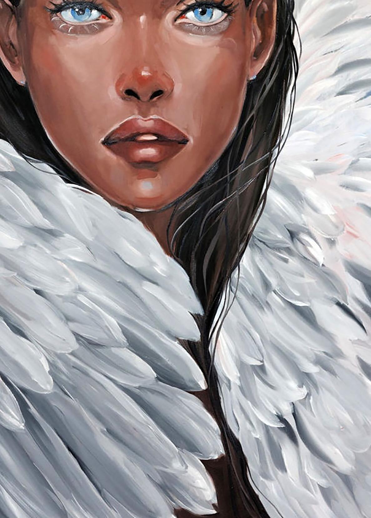 Oil painting of white feathered angel wings by Victoria Kagalovska