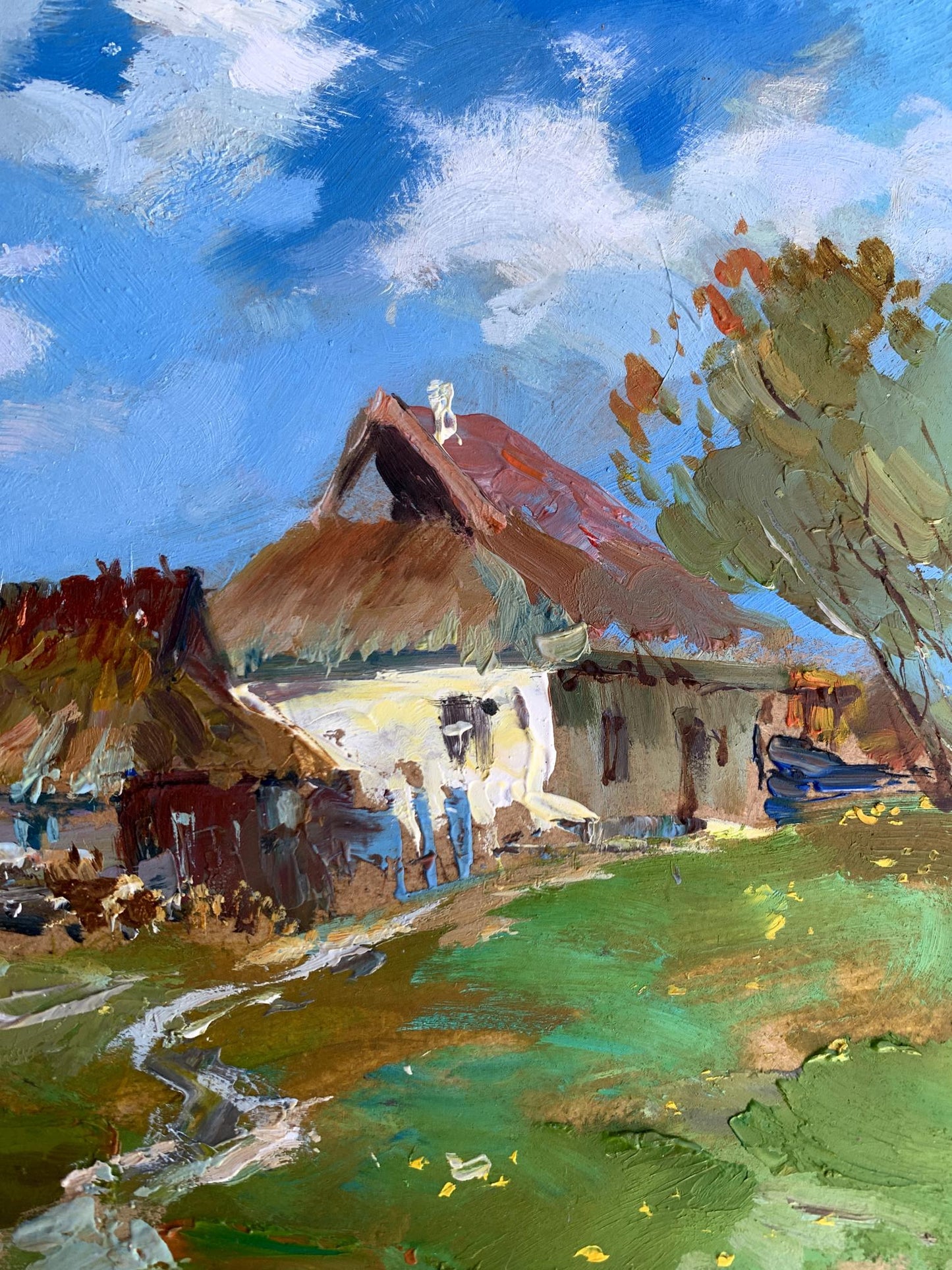 Impressionistic oil painting of rustic thatched village house by Yuriy Suprunchuk