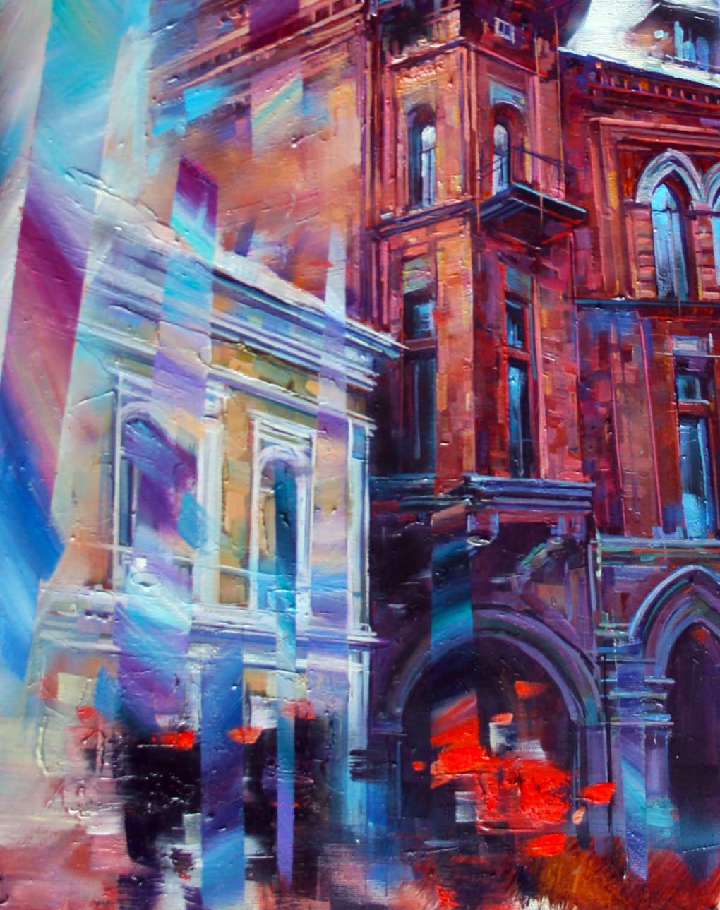 Vibrant oil painting Barons House by Alexander Dobrodiy, abstract city street