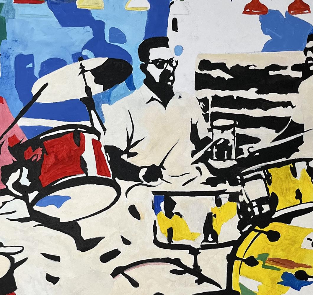 Stylized black and white drummer painting with red yellow blue accents by Arturo Banks