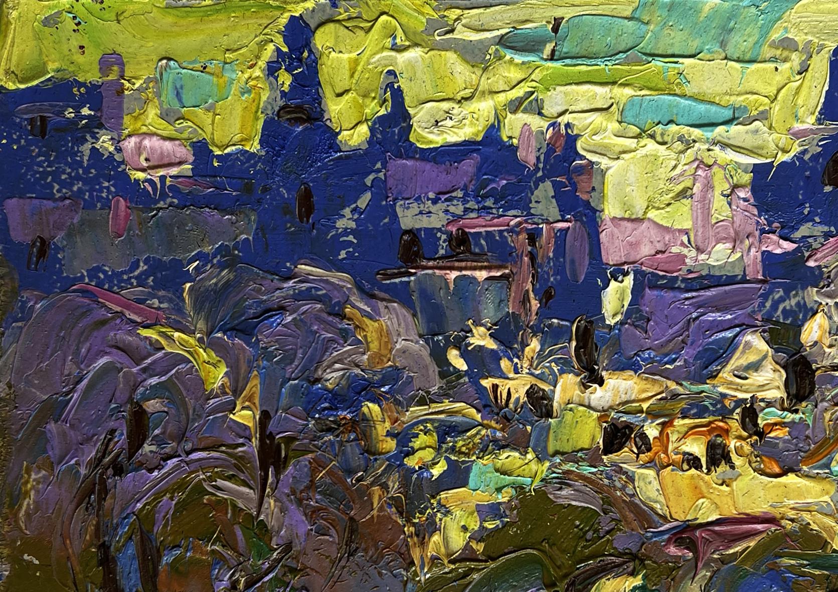 Vibrant Oleksiy Ivanyuk oil painting of yellow sunset over city with textured layers