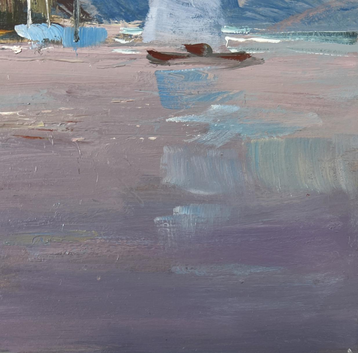 Impressionistic oil painting of small red rowboat by Yuriy Suprunchuk