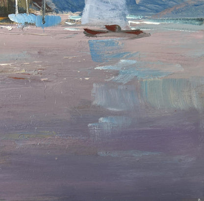 Impressionistic oil painting of small red rowboat by Yuriy Suprunchuk