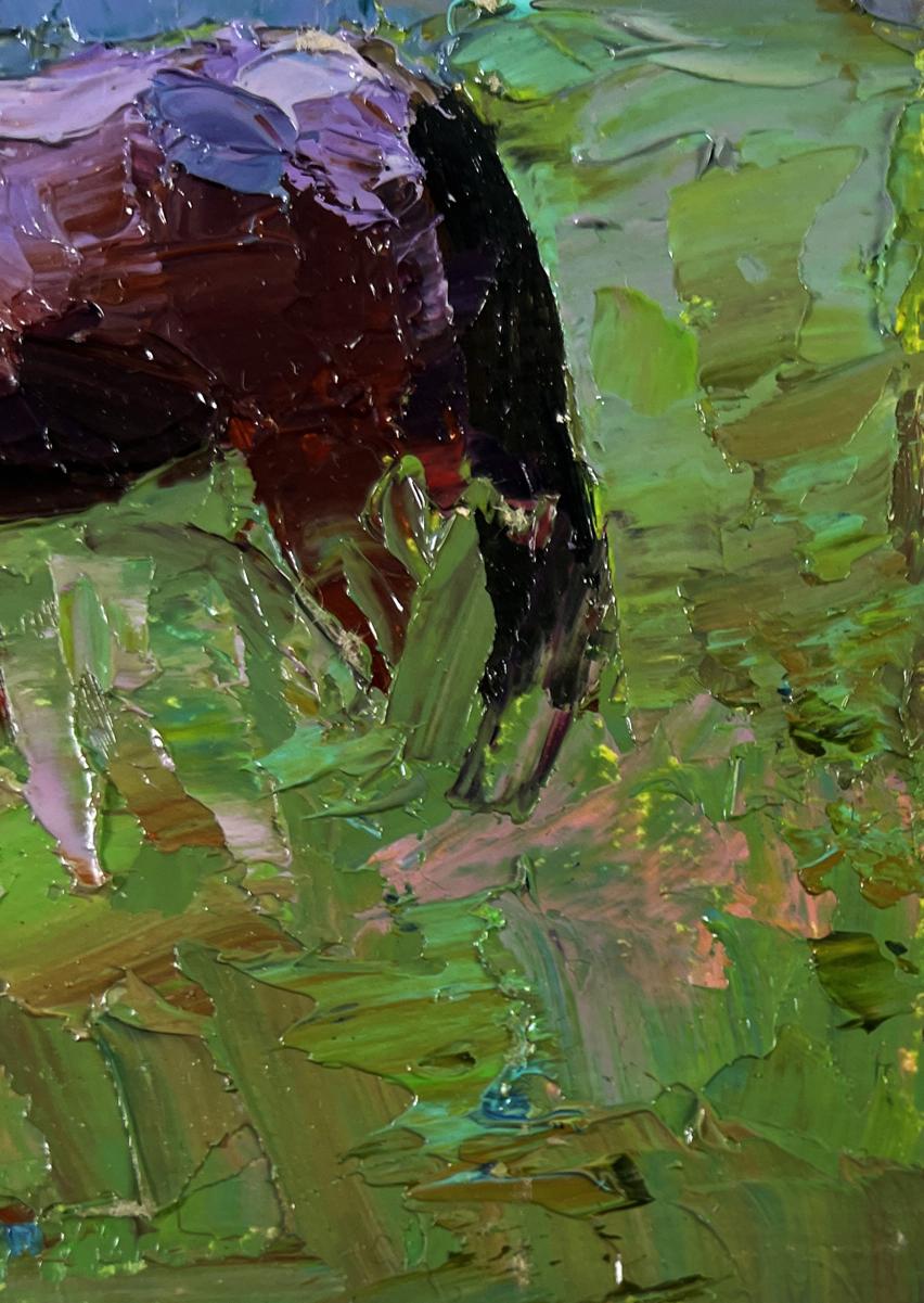 Impasto oil painting of Boris Serdyuk horse head in green foliage