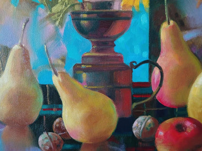 Abstract Autumn still life oil painting by Anatoly Tarabanov with bronze urn and pears
