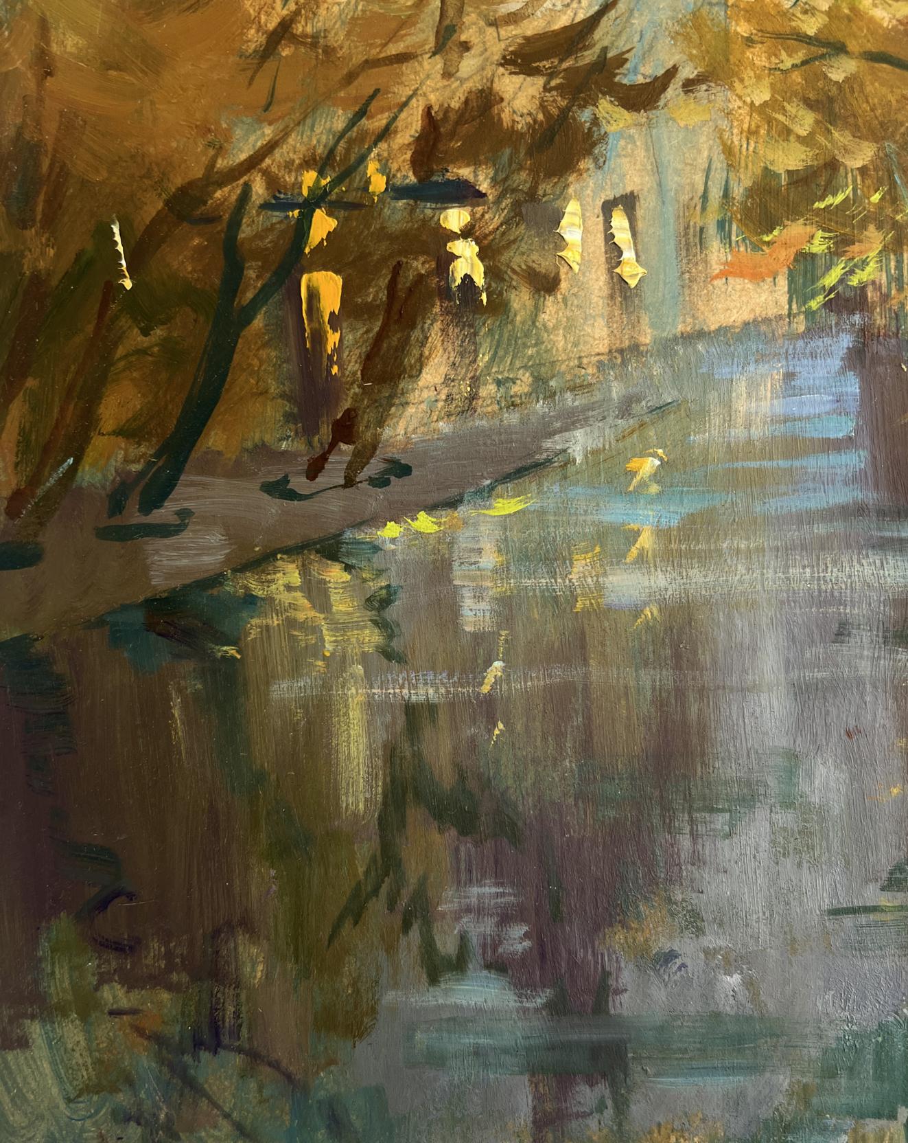 Impressionistic oil painting by Yuriy Suprunchuk of tree-lined canal with golden foliage