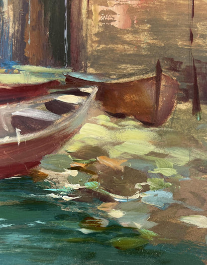 Oil painting of rustic red rowboat in Yuriy Suprunchuk evening pier harbor