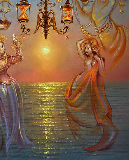 Oil painting Venetian Dream Natalia Bulat: golden hourglass chandelier above figures in gowns at sunset