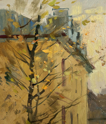 Oil painting Reflections of Autumn by Yuriy Suprunchuk, textured tree with gnarled branches