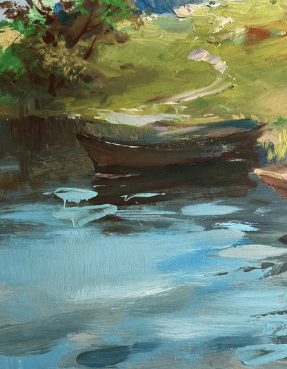 Oil painting of rustic rowboat on calm river by Yuriy Suprunchuk