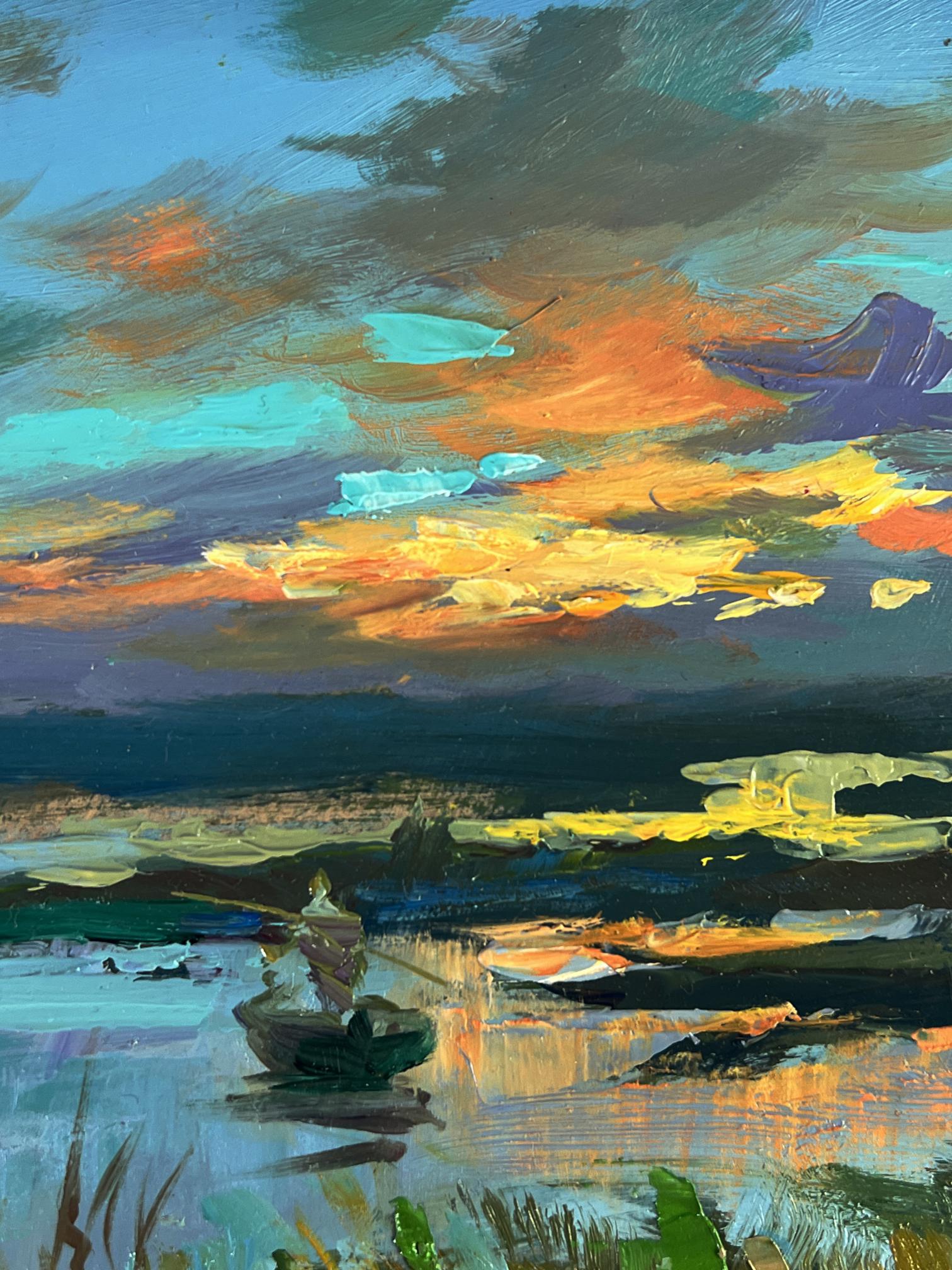 Vibrant oil painting of sunset fishing by Yuriy Suprunchuk