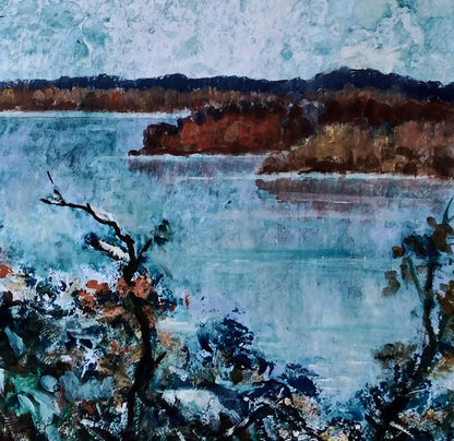 Oil painting by Vitaly Duhnevich: river winding through field with serene lake